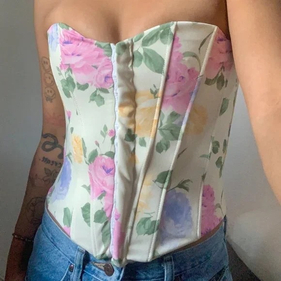 Zara Tops - Zara Cream Floral Corset Top with Pink Yellow and Lavender Roses